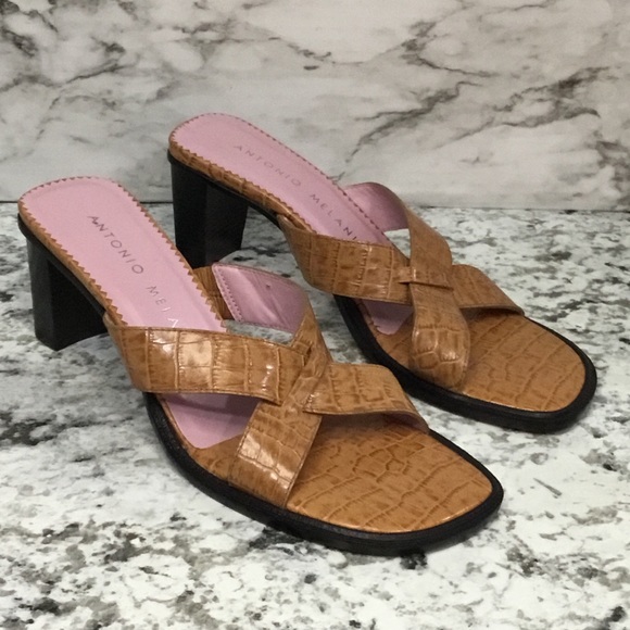 Antonio Melani Leather Tan Open Toe Mule/Slide W/Stack Block Heel - Picture 3 of 10